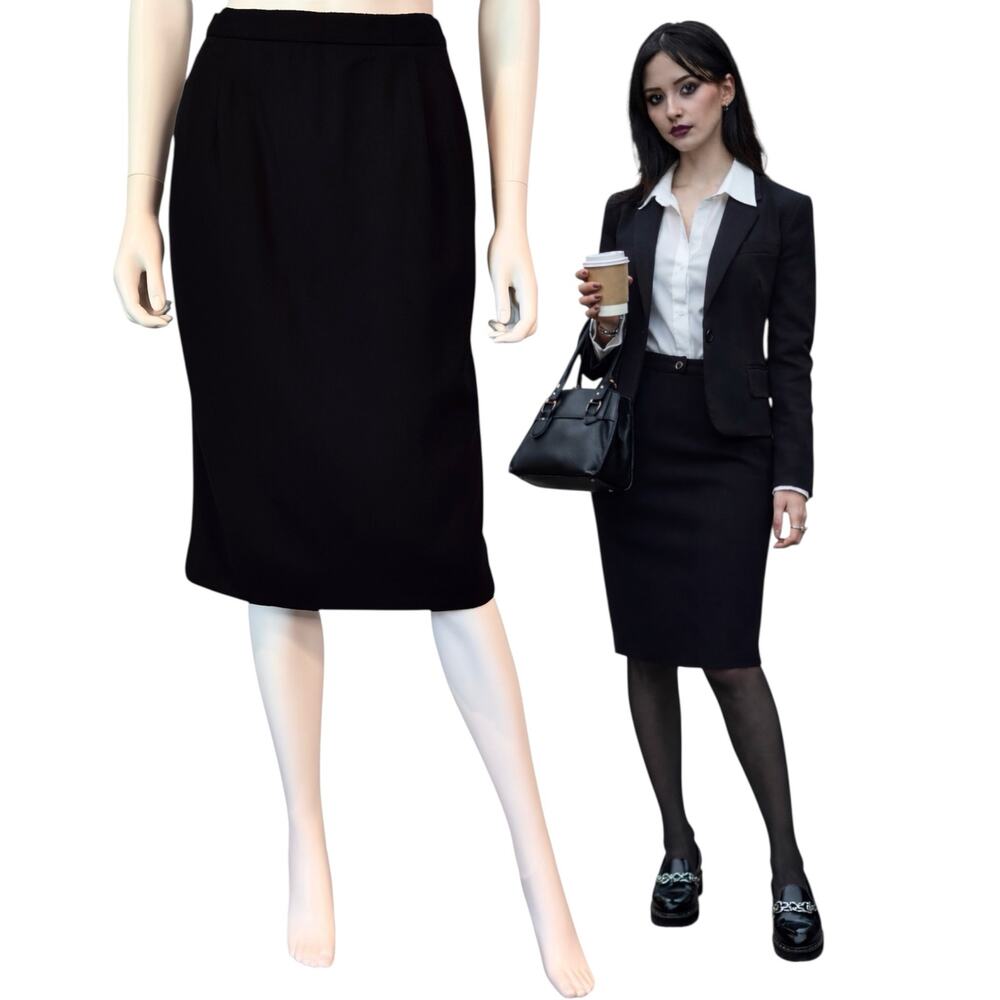 Vtg Black Wool Pencil Skirt Size 8 High Waist Knee Length 80s 90s Career Office